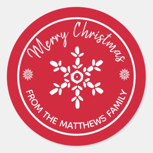Merry Christmas From Custom Name Snowflake Classic Round Sticker