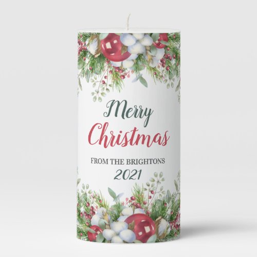 Merry Christmas from Floral wreath Pillar Candle