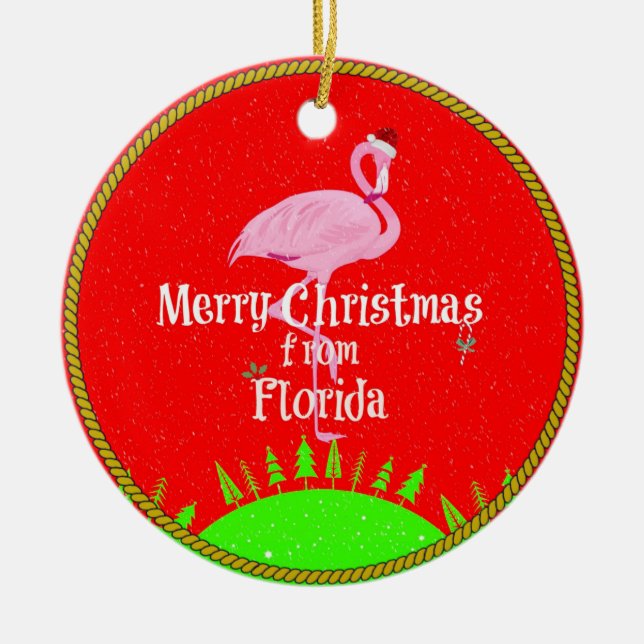 Merry Christmas from Florida and Santa Flamingo Ceramic Ornament (Front)