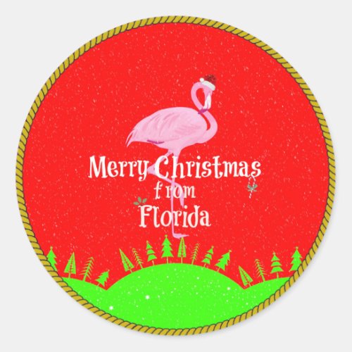 Merry Christmas from Florida and Santa Flamingo Classic Round Sticker