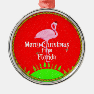 Merry Christmas from Florida and Santa Flamingo Metal Ornament