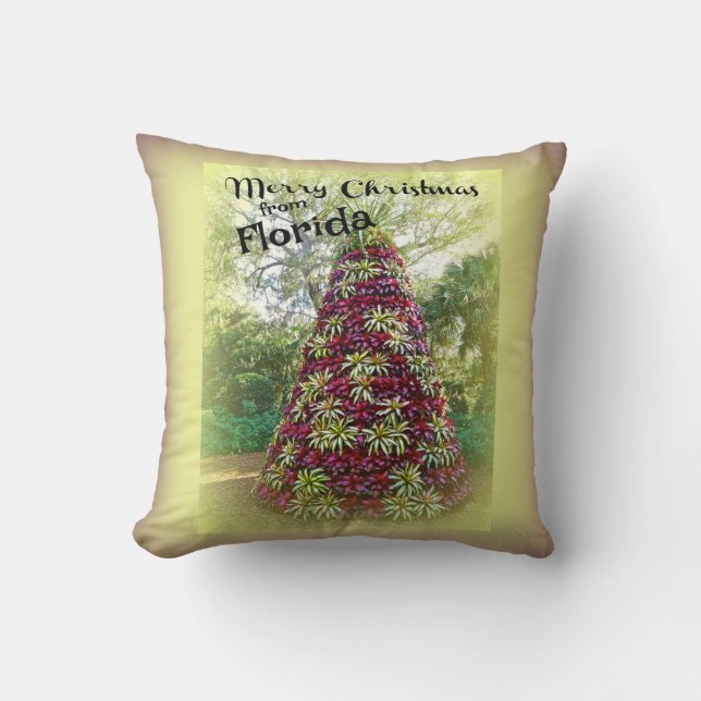 Merry Christmas from Florida Bromeliad Tree Throw Pillow (Front)
