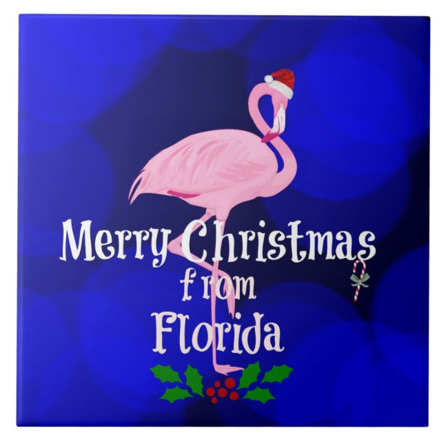 Merry Christmas from Florida, Santa Flamingo, Ceramic Tile (Front)