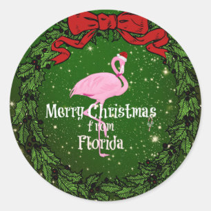 Merry Christmas from Florida, Santa Flamingo Classic Round Sticker