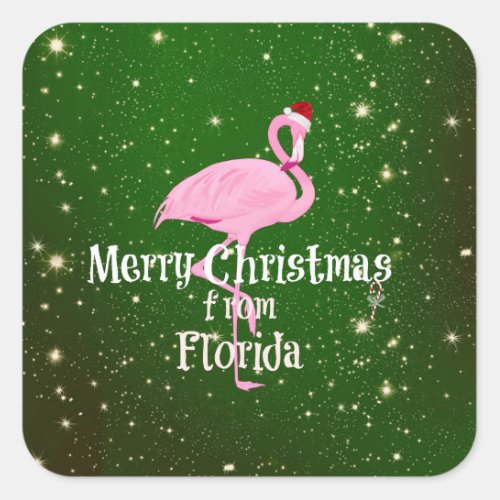 Merry Christmas from Florida Santa Flamingo Square Sticker
