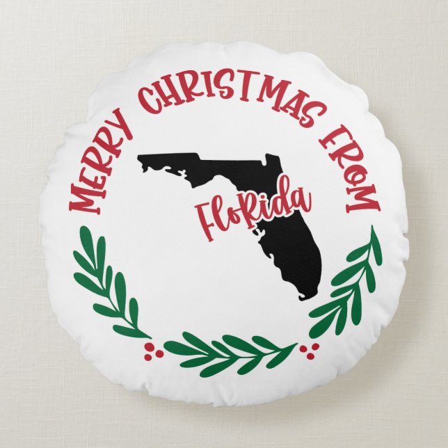 Merry Christmas From Florida US Map Red Green Round Pillow (Front)