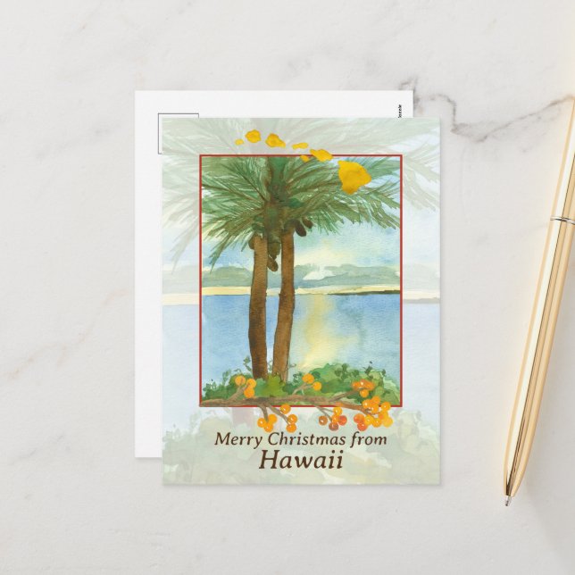 Merry Christmas from Hawaii Ocean Sunrise Palms Holiday Postcard (Front/Back In Situ)