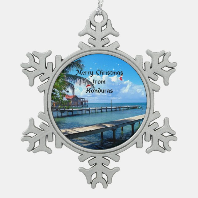 Merry Christmas from Honduras Snowflake Pewter Christmas Ornament (Front)