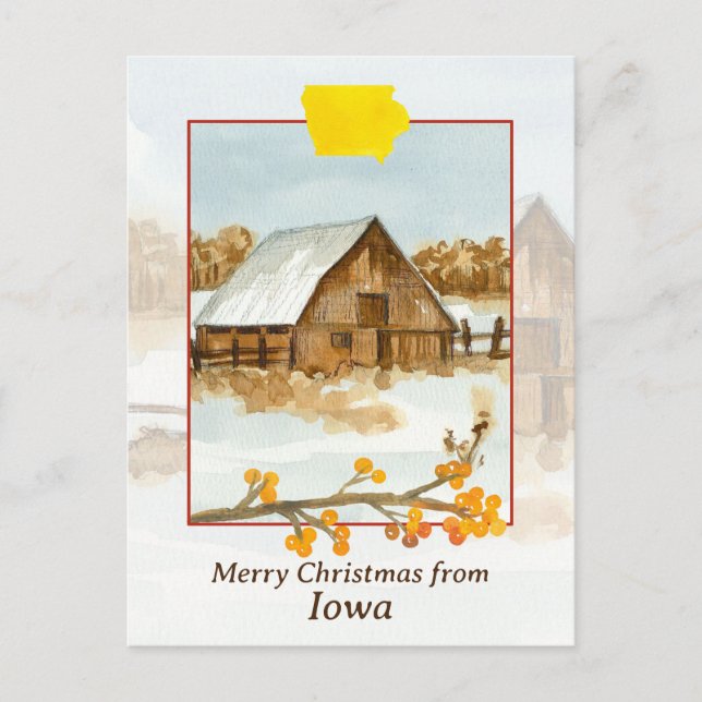 Merry Christmas from Iowa Barn Farm Winter Snow  Postcard (Front)