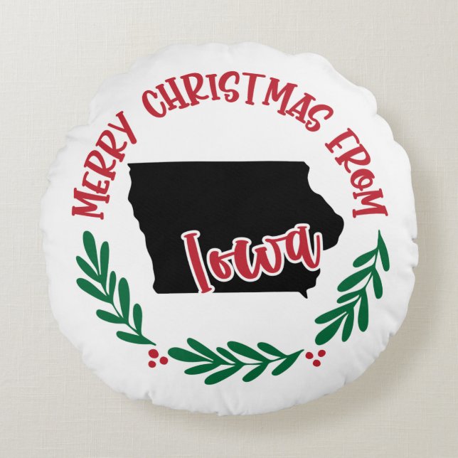 Merry Christmas From Iowa US Red Green White  Round Pillow (Front)