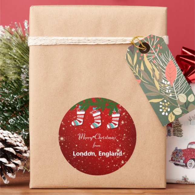 Merry Christmas from London, England Classic Round Sticker (Holiday)