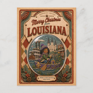 Merry Christmas from Louisiana Vintage Snow Globe Holiday Postcard