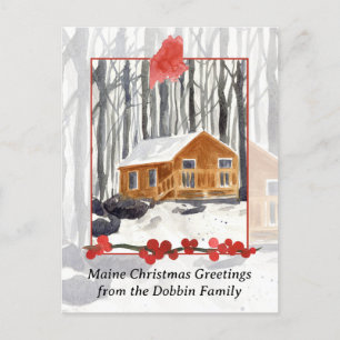 Merry Christmas from Maine Cabin Winter Forest Holiday Postcard