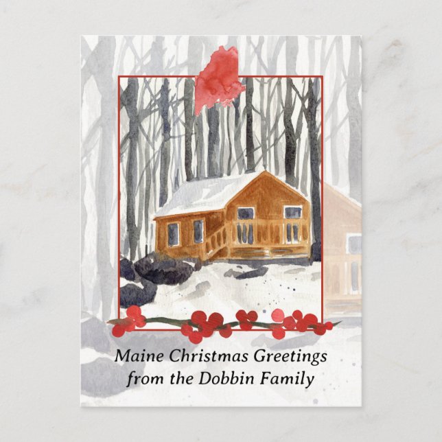Merry Christmas from Maine Cabin Winter Forest Holiday Postcard (Front)