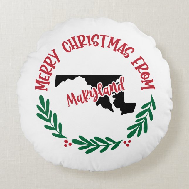 Merry Christmas From Maryland US Red Green Round Pillow (Front)
