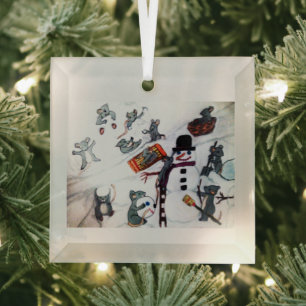 MERRY CHRISTMAS FROM MICE IN SNOW GLASS ORNAMENT