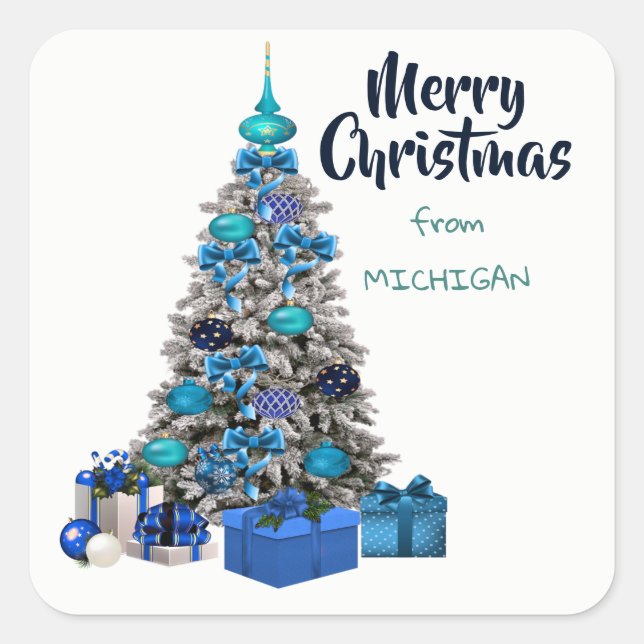 Merry Christmas From Michigan Decorated Tree Square Sticker (Front)
