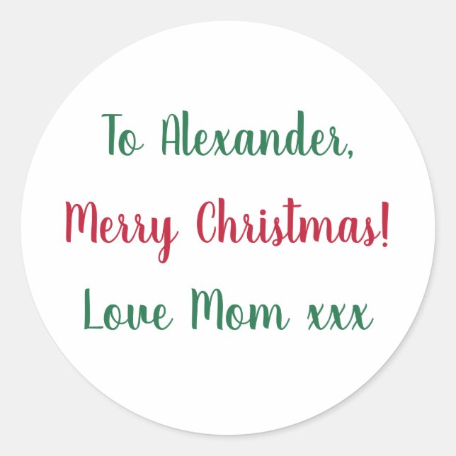 Merry Christmas from Mom Red and Green Classic Round Sticker (Front)