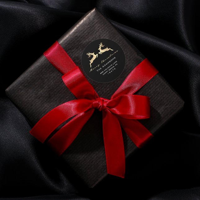 Merry Christmas From Name Black Gold RSVP Reindeer Classic Round Sticker (Merry Christmas From Name Black Gold RSVP Reindeer Classic Round Sticker)