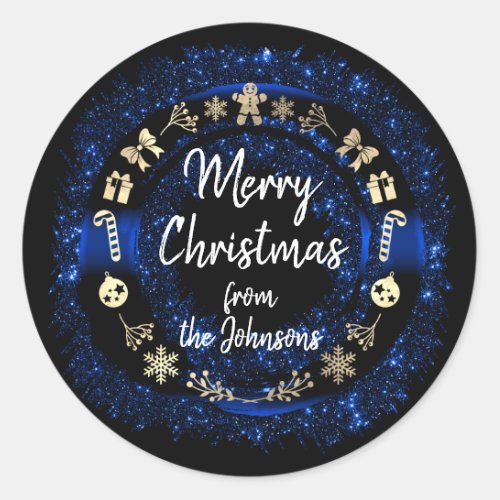 Merry Christmas From Name  Black Navy Gold Glitter Classic Round Sticker