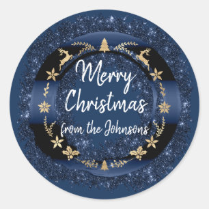 Merry Christmas From Name Blue Navy Gold Wreaths Classic Round Sticker