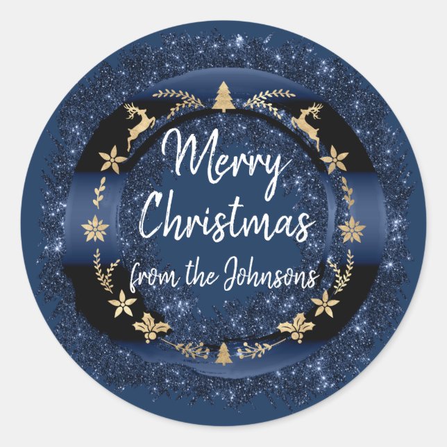 Merry Christmas From Name Blue Navy Gold Wreaths Classic Round Sticker (Front)