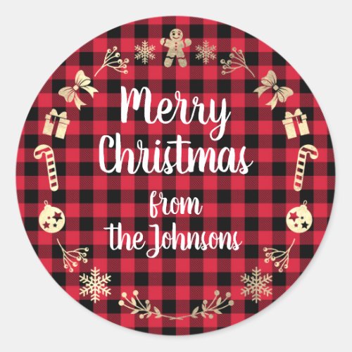 Merry Christmas From Name Gold Buffalo Red Plaid Classic Round Sticker