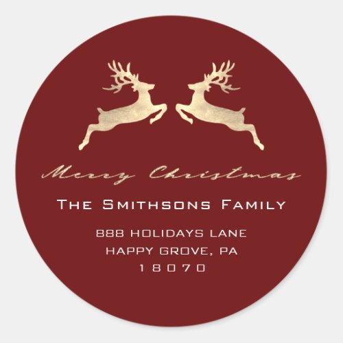 Merry Christmas From Name Red Gold RSVP Reindeer Classic Round Sticker