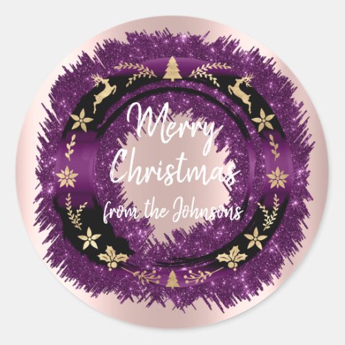 Merry Christmas From Name Rose Glitter Gold Wreath Classic Round Sticker