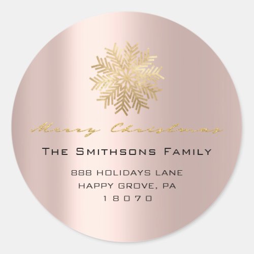 Merry Christmas From Name Rose Gold RSVP Snowflake Classic Round Sticker