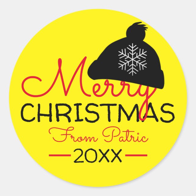 Merry Christmas From Name Snowflakes Gift Yellow Classic Round Sticker (Front)