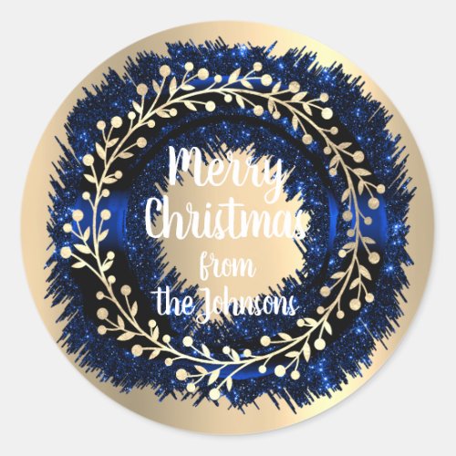 Merry Christmas From Navy Gold Glitter Wreath Classic Round Sticker