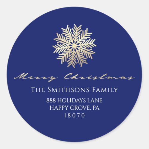 Merry Christmas From Navy Gold RSVP Snowflake Classic Round Sticker
