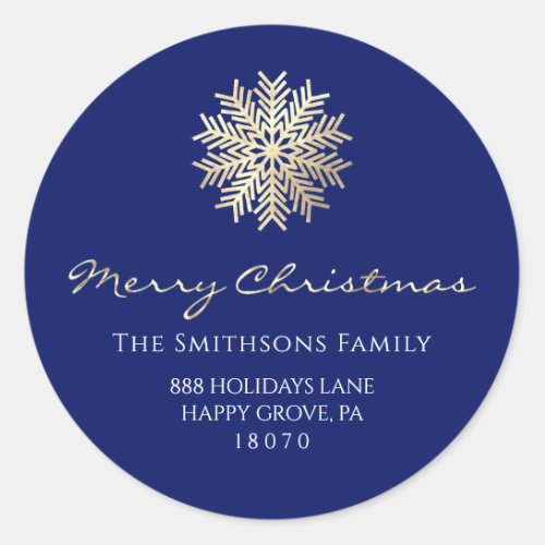 Merry Christmas From Navy Gold RSVP Snowflake Classic Round Sticker