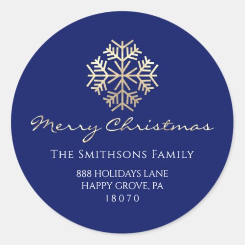Merry Christmas From Navy Gold RSVP Snowflakes Classic Round Sticker