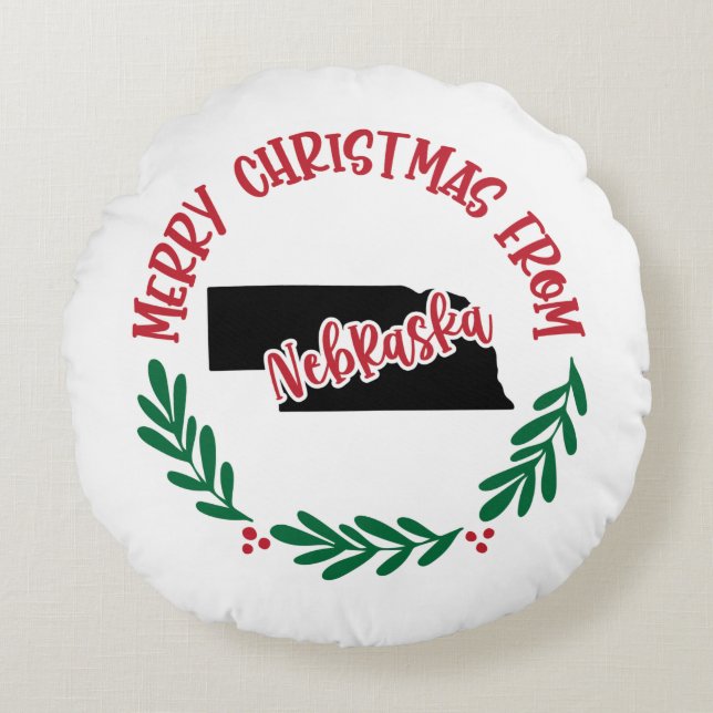 Merry Christmas From Nebraska US Red Green Round Pillow (Front)