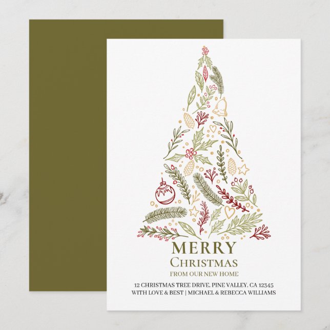 Merry Christmas from New Home Pine Holly Tree Announcement (Front/Back)