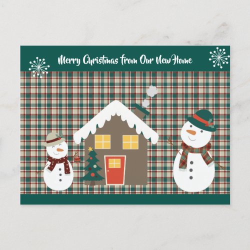 Merry Christmas from New Home Plaid Snowmen Announcement Postcard