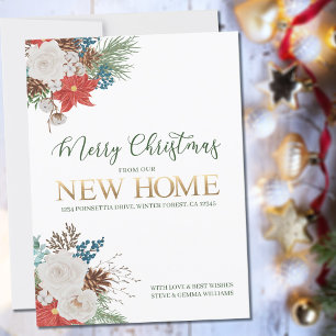 Merry Christmas from New Home Poinsettia and Pine Announcement