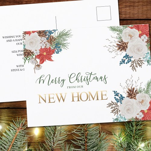 Merry Christmas from New Home Poinsettia and Pine Holiday Postcard