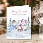 Merry Christmas from New Home Snowman Moving Announcement<br><div class="desc">Christmas card from your new home. The wording reads "Merry Christmas from our new home"  and you can add your personalized christmas greeting and new address on the inside. This watercolor design features 3 cute snowmen with a backdrop of christmas trees.</div>