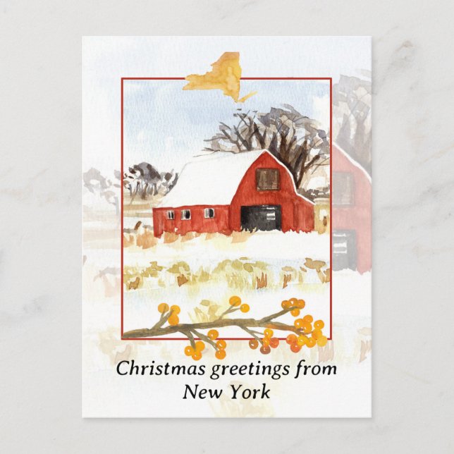 Merry Christmas from New York Farm Red Winter Snow Holiday Postcard (Front)
