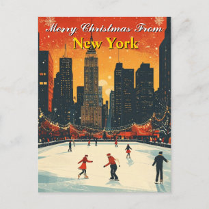Merry Christmas from New York Retro Ice Skating Postcard