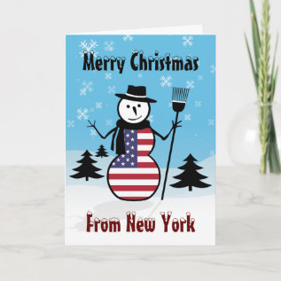 Merry Christmas From New York Snowman Us Flag Holiday Card at Zazzle