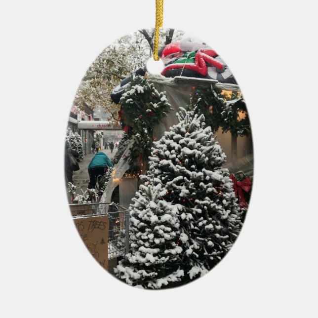 Merry Christmas from NYC New York City Tree Stand Ceramic Ornament (Front)