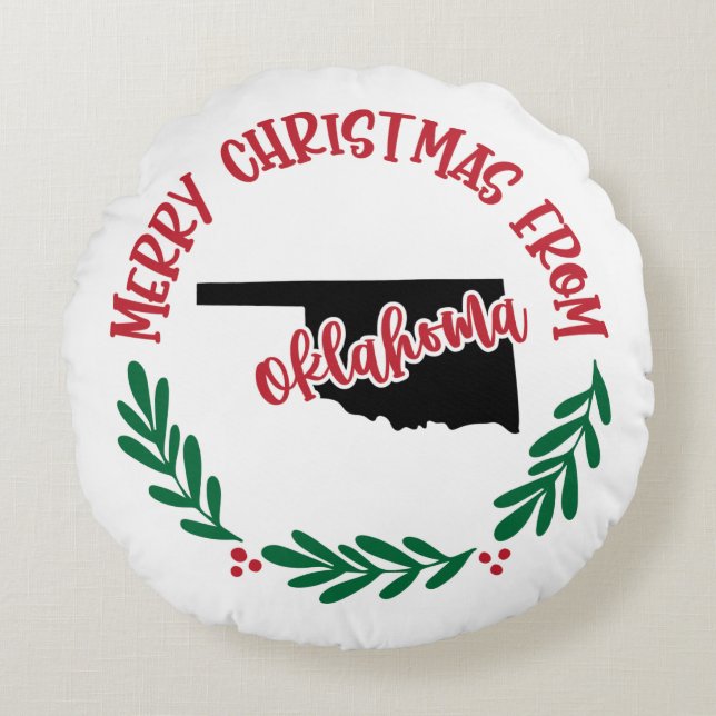 Merry Christmas From Oklahoma US Red Green White Round Pillow (Front)