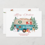 Merry Christmas From Our Camper to Yours Holiday Card<br><div class="desc">From Our Camper to Yours - Cute vintage camper in ivory and blue decorated for Christmas surrounded by snow-covered trees,  snowman,  packages,  and wildlife. Personalize with your own text front and back.</div>