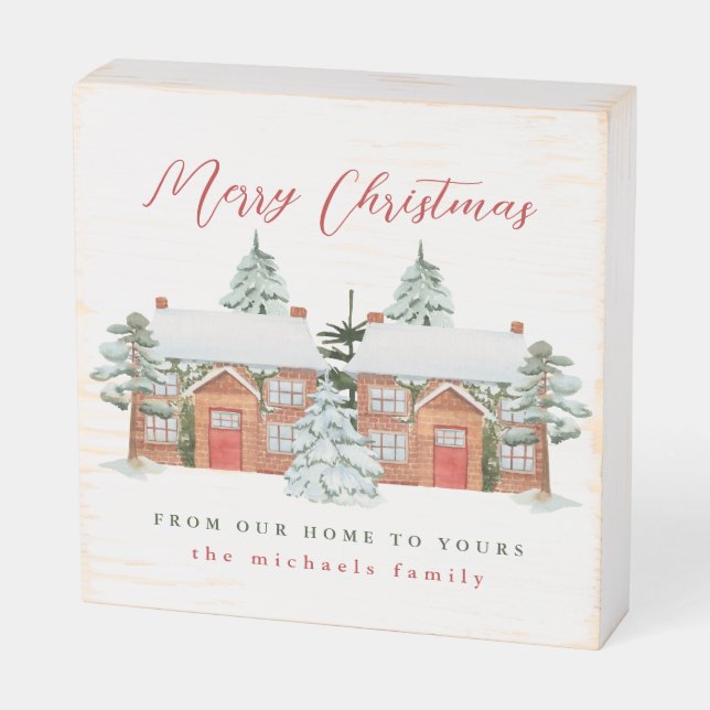 Merry Christmas From Our Home to Yours Wooden Box Sign (Angled Horizontal)