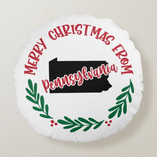 Merry Christmas From Pennsylvania US Red Green Round Pillow (Front)