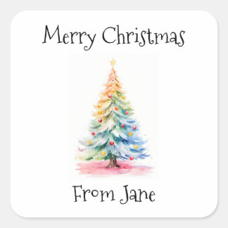 Merry Christmas from Rainbow Watercolor Tree Square Sticker